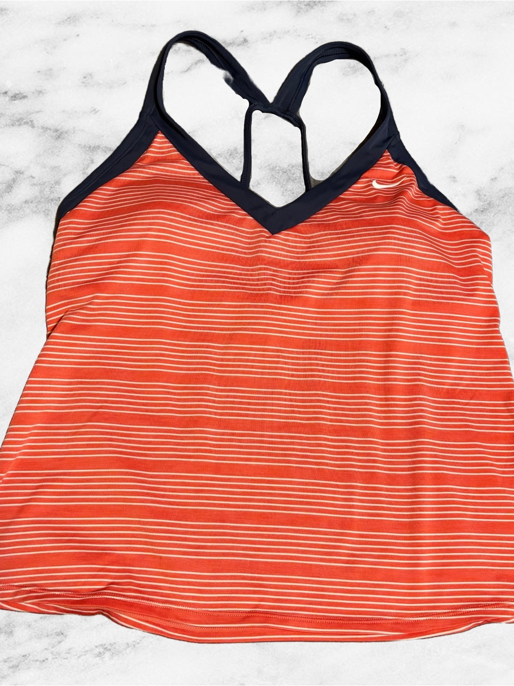Nike Women's Orange Striped V-Neck One-Piece Swim Tank with Navy Trim